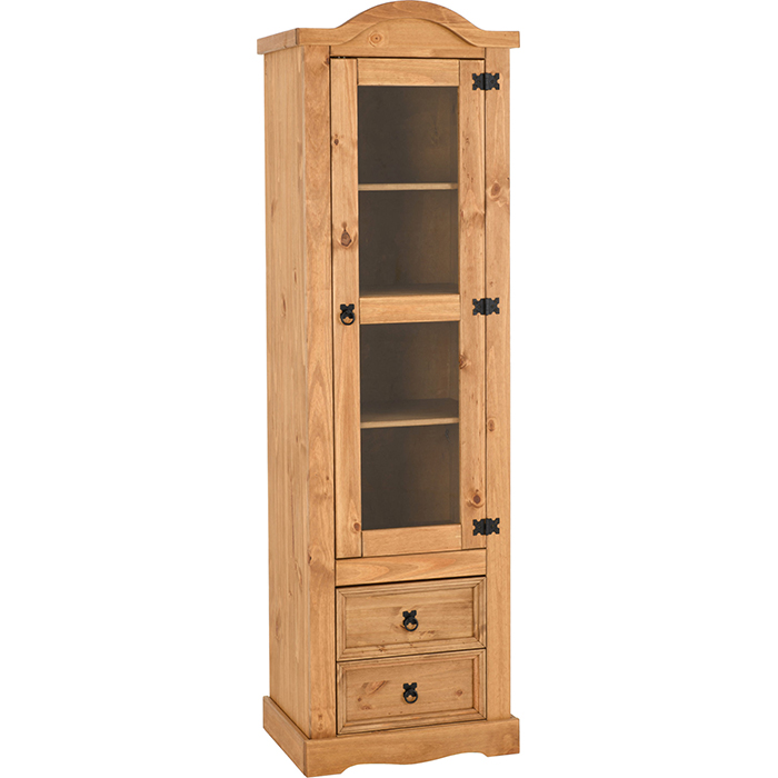 Corona 1 Door 2 Drawer Glass Display Unit In Distressed Wax Pine - Click Image to Close